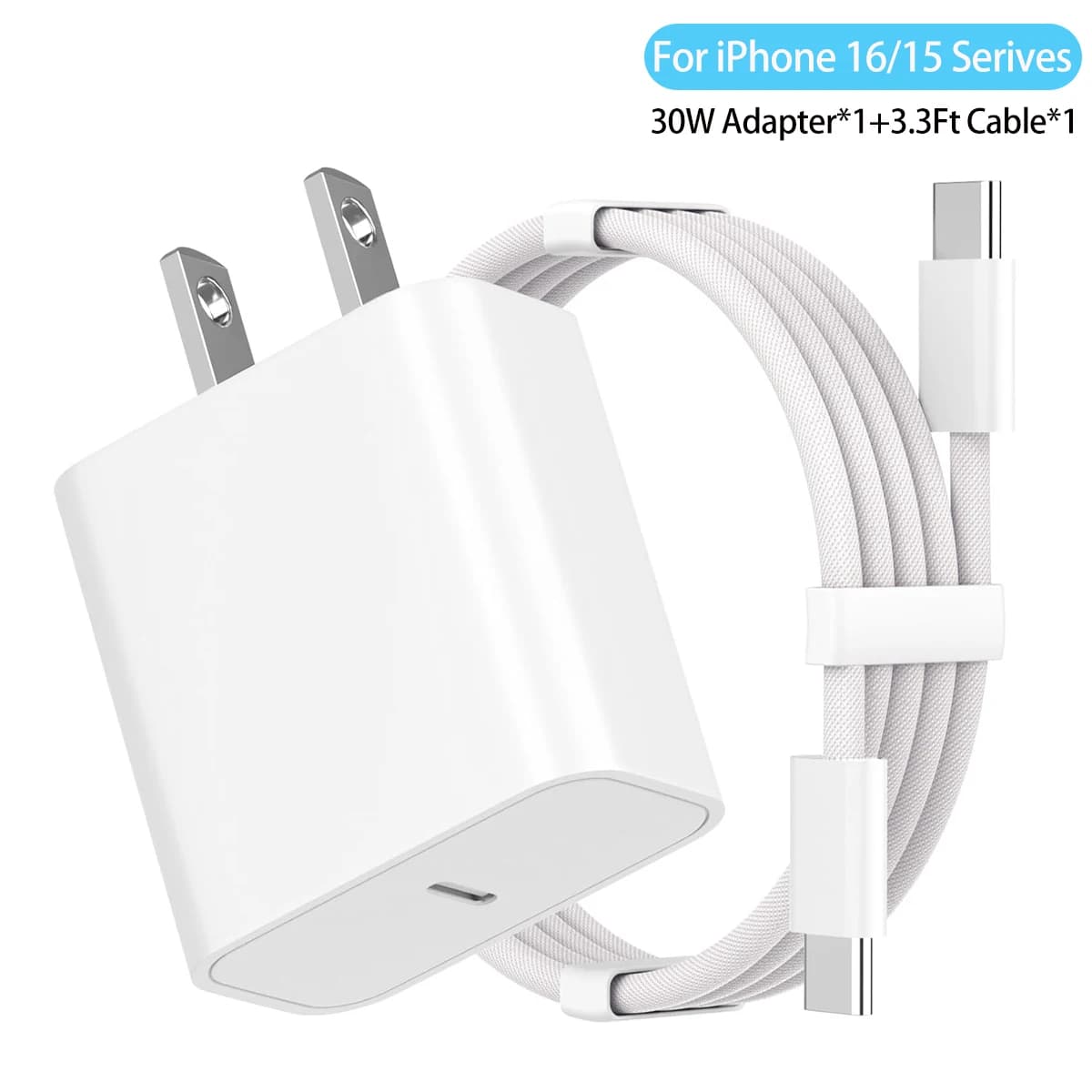 Kit adattatore di ricarica rapida da 30 W Caricatore da muro USB C Cavo dati intrecciato tipo C da 3,3 piedi/1 m per iPhone 16 15 Pro Max Samsung Xiaomi iPad