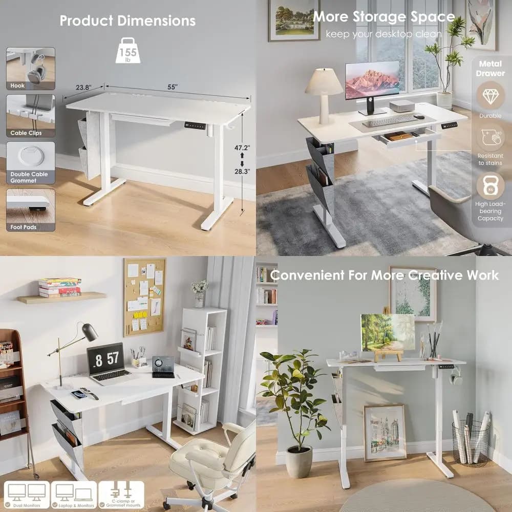 Scrivania elettrica regolabile in altezza 24 x 55 con 3 posizioni preimpostate, ganci laterali, gestione dei cavi, ergonomica per l'home office, bianca