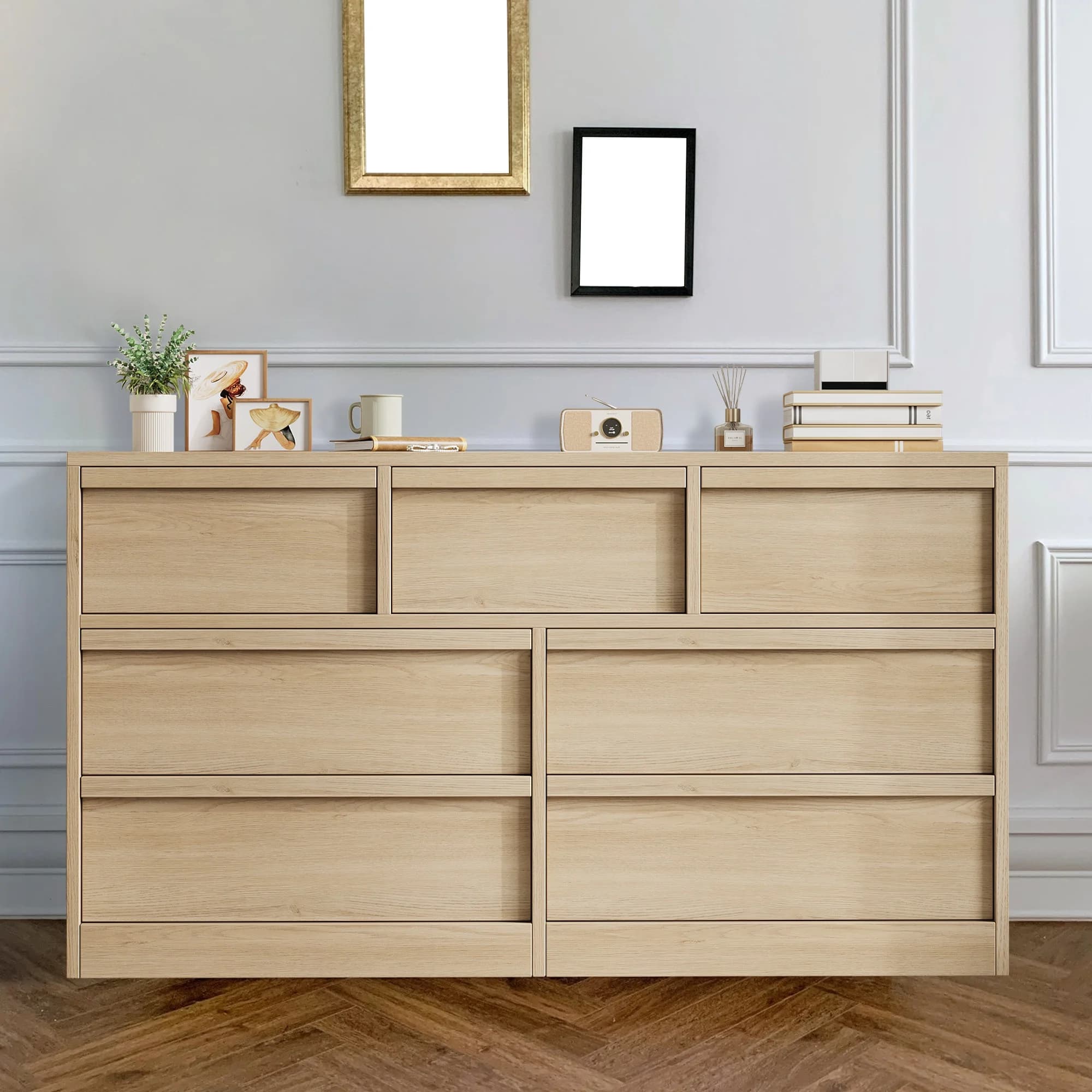 Wide Double Dresser with Lots of Storage, 6-8 Drawers - Modern Wooden Dresser/Sideboard - Concave Handles, Freestanding for Bedroom, Nursery, Hallway, Living Room - Color: Natural/White