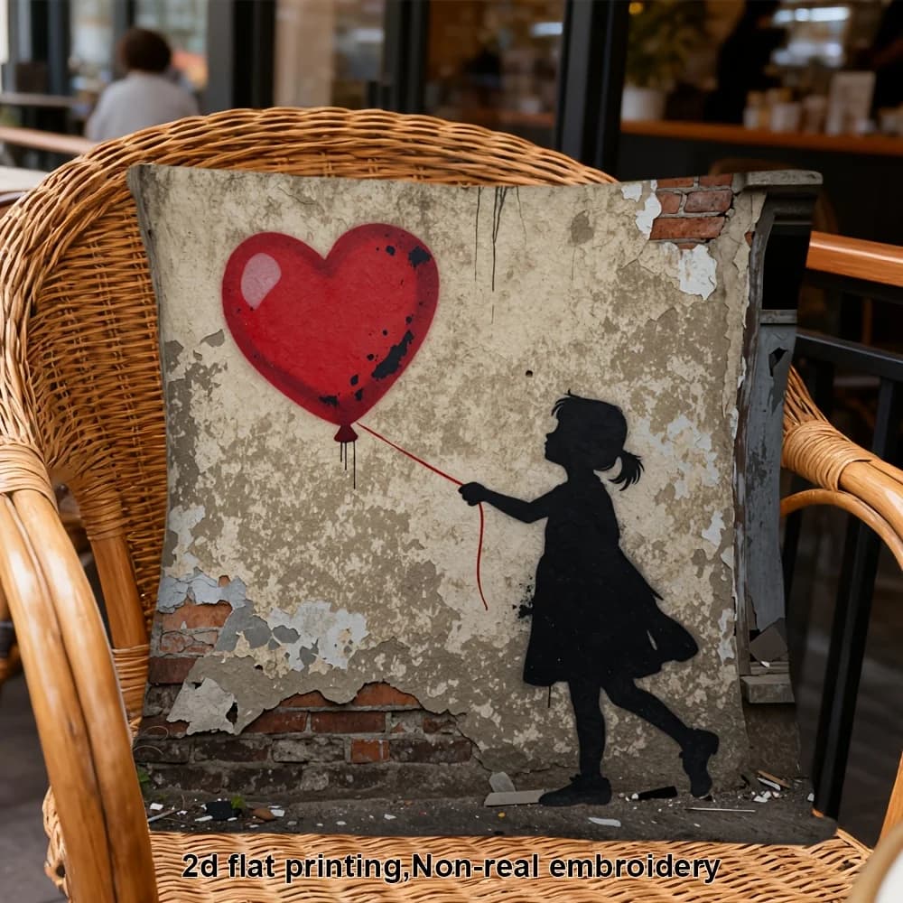 1pc 2D Flat Pillow Not Included Banksy Girl With Balloon Street Art Cushion Cover Short Plush Urban Decor Gift Case