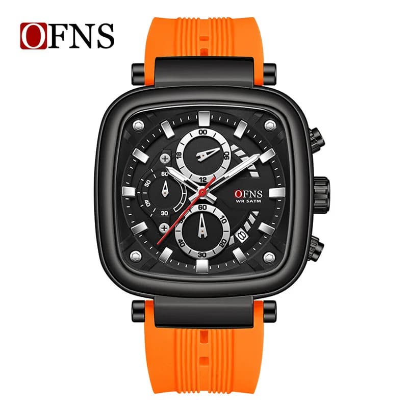 Orologio sportivo impermeabile quadrato OFNS al quarzo con cinturino in silicone luminoso, cronografo a tre quadranti e sei lancette, orologio casual da uomo
