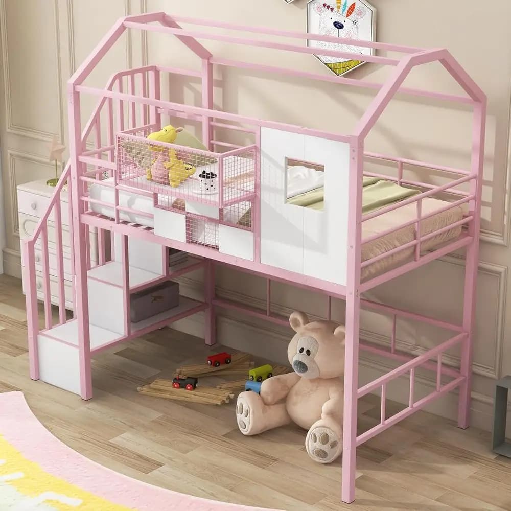 Metal bunk bed in the shape of a cottage with roof and container design, metal bed in the shape of a house with staircase and railing, or Ki