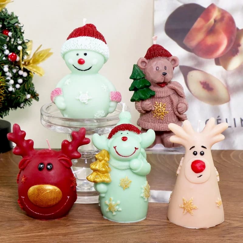Smiling Snowman Bear Silicone Candle Mold DIY Elk Head Christmas Scented Plaster Resin Craft Ornament Wax Soap Mold Making Tools