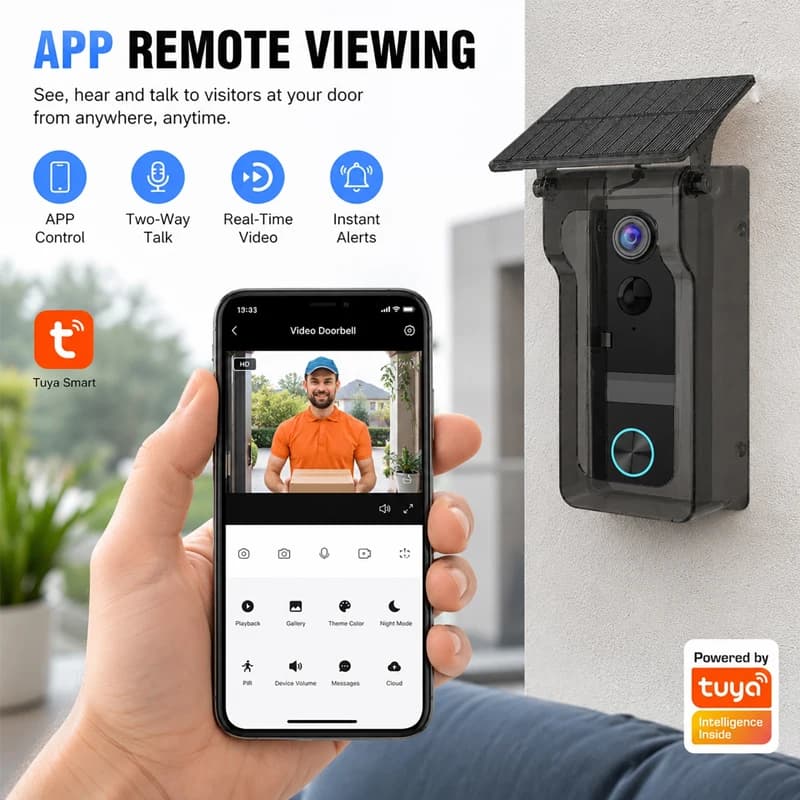 Tuya WiFi Smart Doorbell With Solar Rain Cover Outdoor 1080P Door Eye Camera Waterproof PIR Motion Detection Two-way Intercom