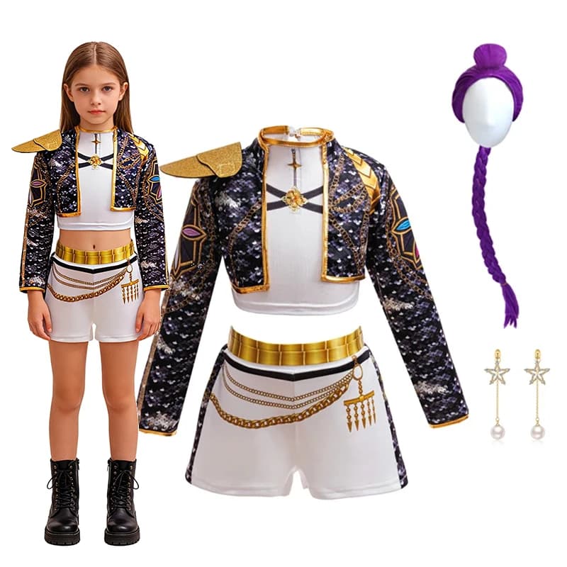 Girls Hip‑Hop 3D Print Gold Trim Cropped Jacket White Shorts Set Wig Earrings Stage Cosplay Performance Outfit