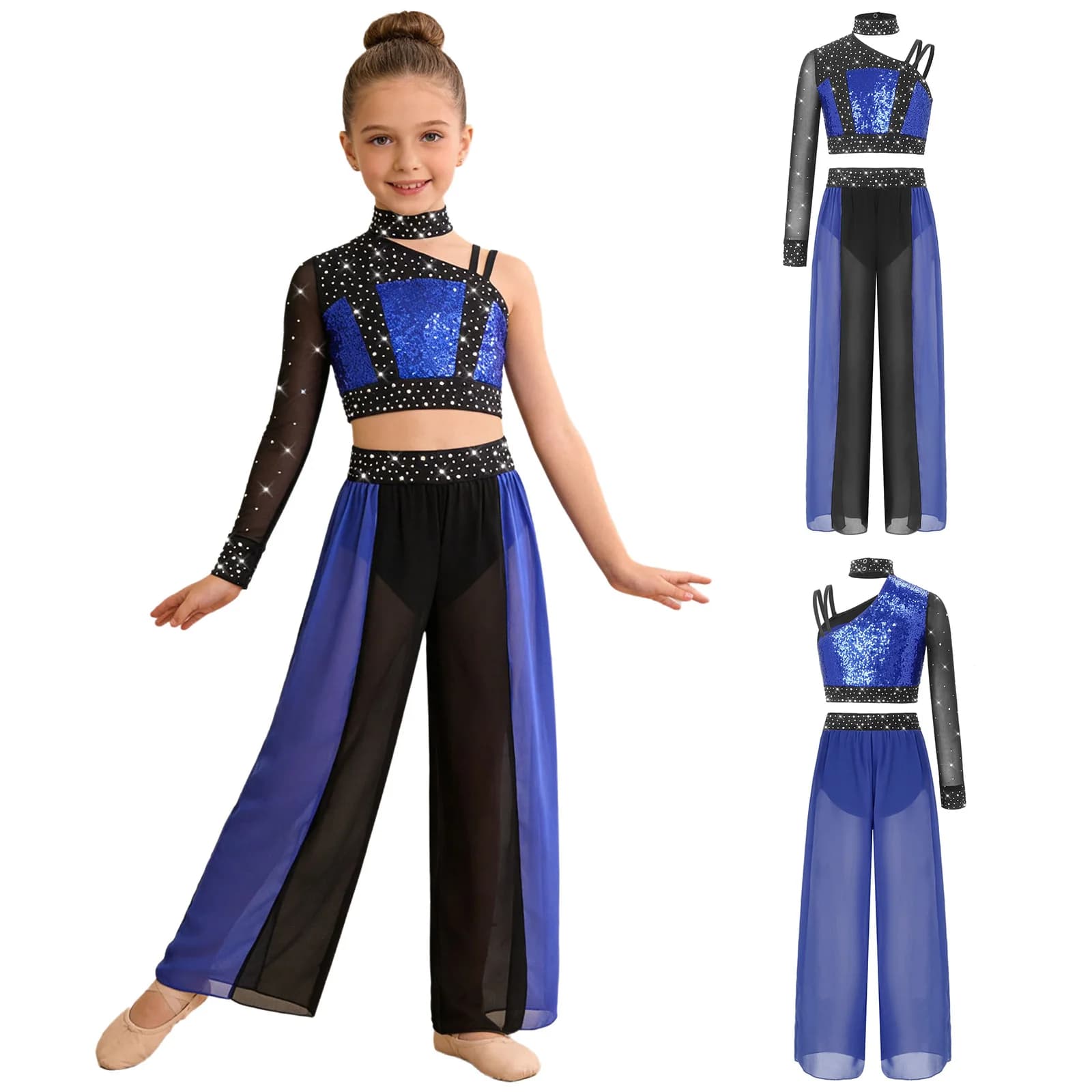 Completo da Performance per Bambine: Top Corto Lucido e Pantaloni in Chiffon con Spacco per Danza Lirica Moderna, Pattinaggio Artistico e Ginnastica Acrobatica