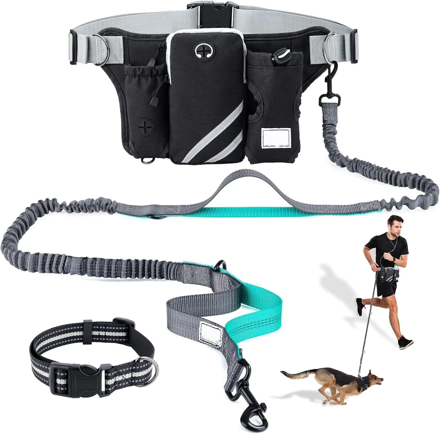 Adjustable training pack with retractable leash with reflective seams for free-handed dogs to run, walk, excursions