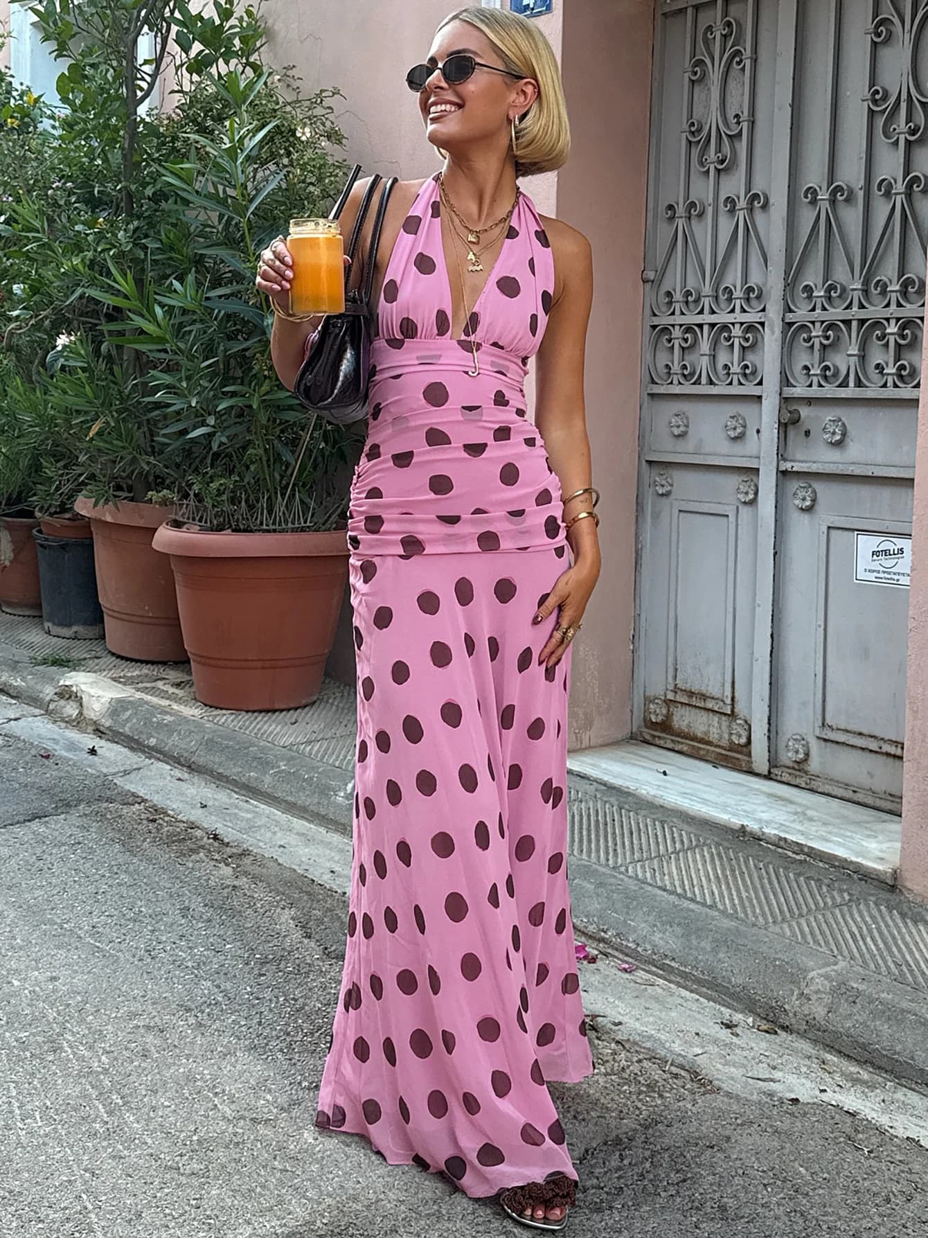 Hugcitar Abito Lungo Estivo da Donna con Stampa a Pois, Scollo a V, Halter, Schiena Scoperta, Fascia e Pieghe, Patchwork in Rete, per Feste