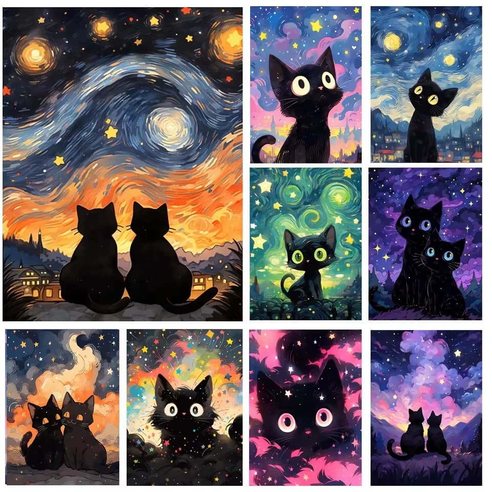 Kit Pittura Diamantata 5D Fai da Te, Ricamo a Punto Croce con Strass, Mosaico Diamantato, Cielo Stellato e Gatto Nero, Decorazione per la Casa