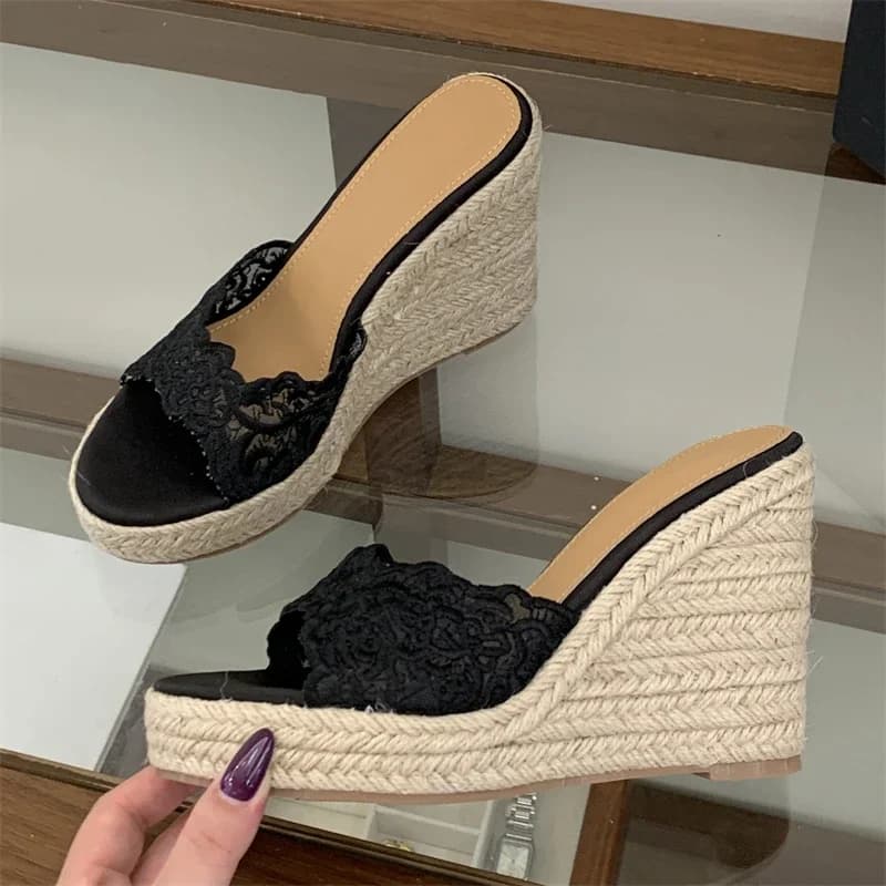 Aneikeh Vacation Style Hollow Out Embroidery Thick Bottom Women Slippers Summer Weave Platform Wedge High Heels Slide Sandals