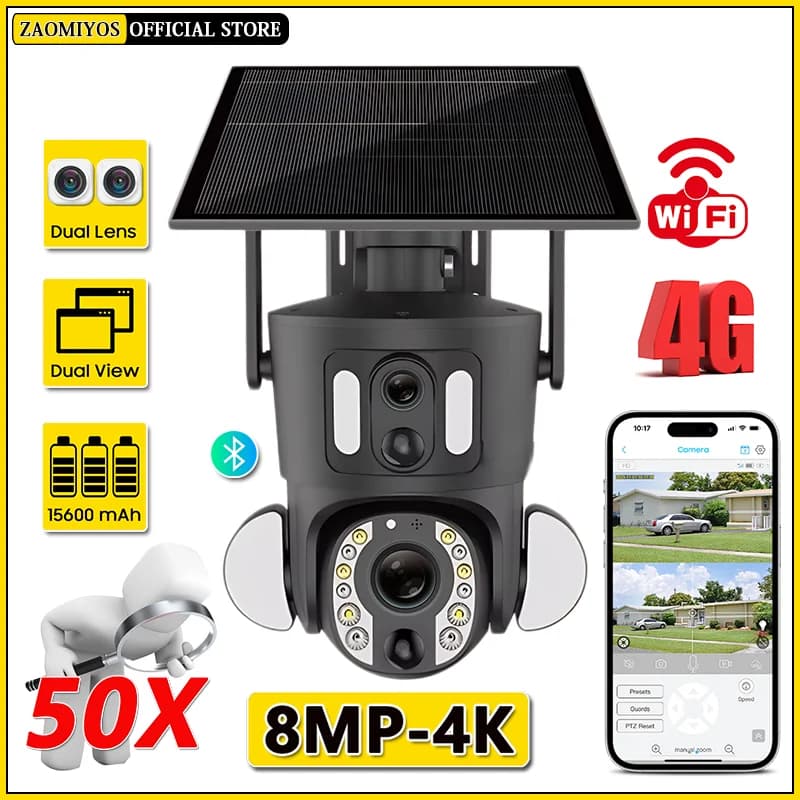 Telecamera solare di sicurezza a doppio schermo con zoom ottico 4K 50X 8MP 4G Sim/WiFi PTZ Doppia rilevamento PIR Telecamera IP CCTV con tracciamento automatico umanoide
