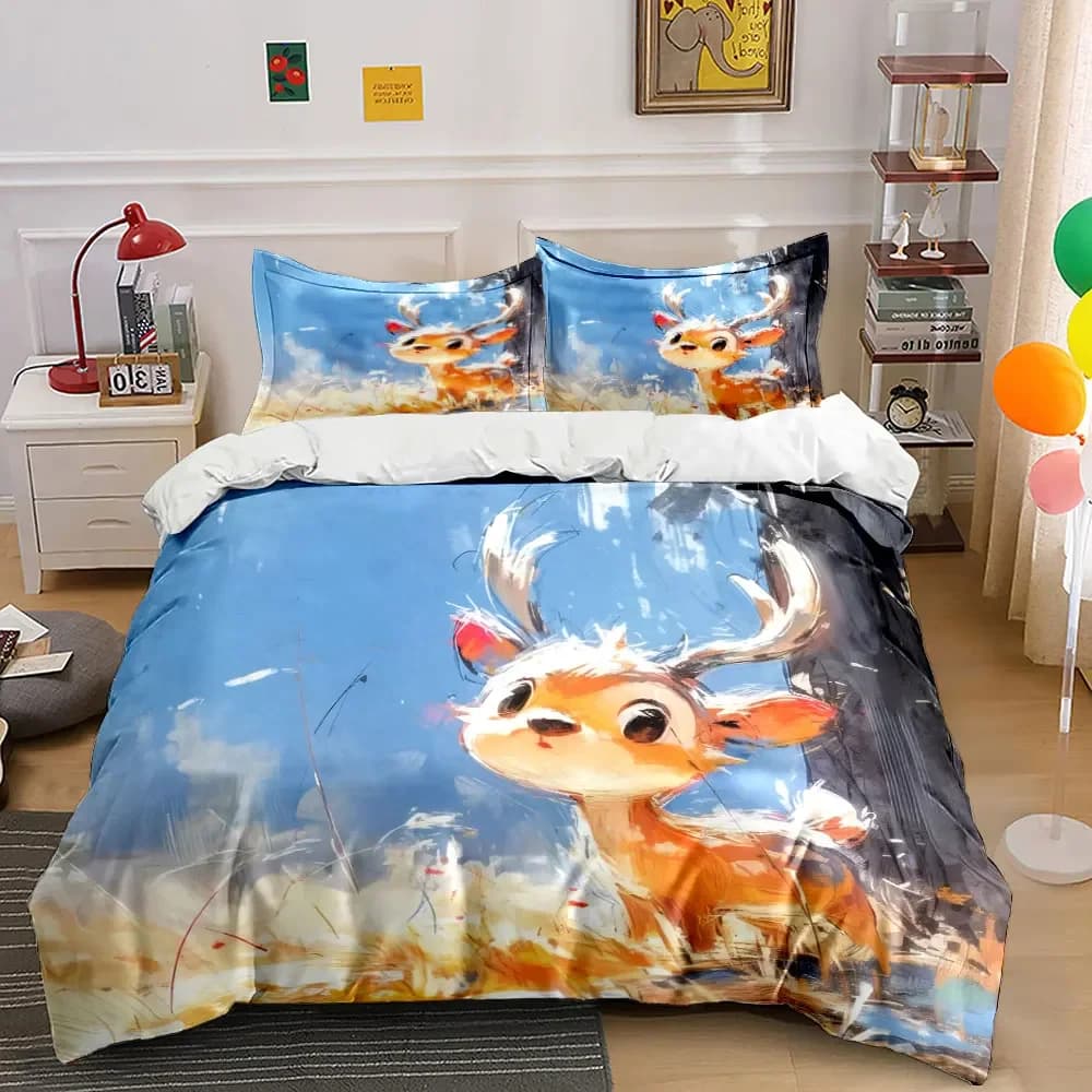 Set di decorazioni artistiche con cervi dei cartoni animati, set di biancheria da letto morbido e confortevole, include 1 copripiumino e 2 federe, regalo