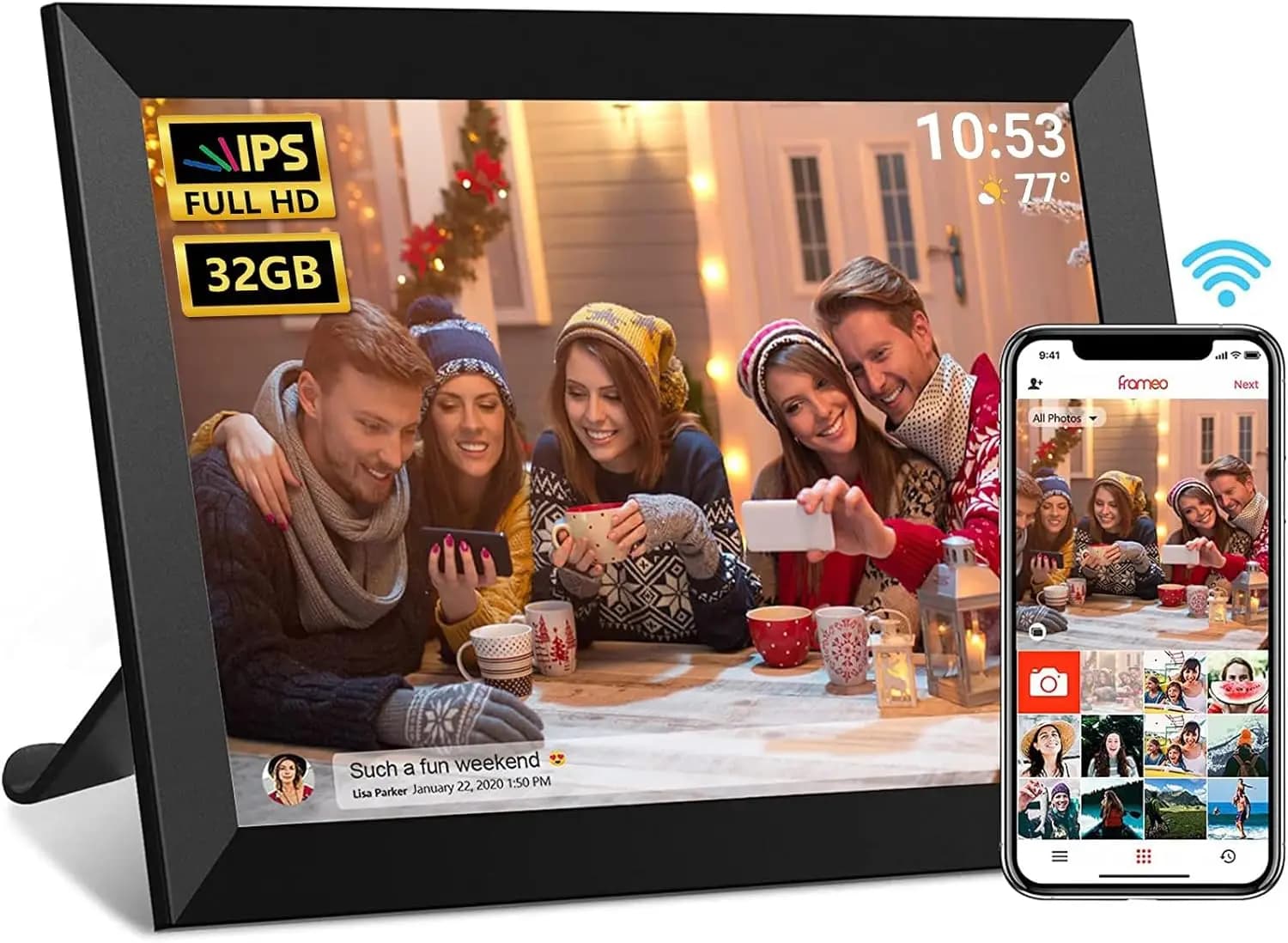 Cornice digitale WiFi da 10,1 pollici con schermo touch HD, 32GB di memoria, rotazione automatica, facile condivisione di foto tramite app