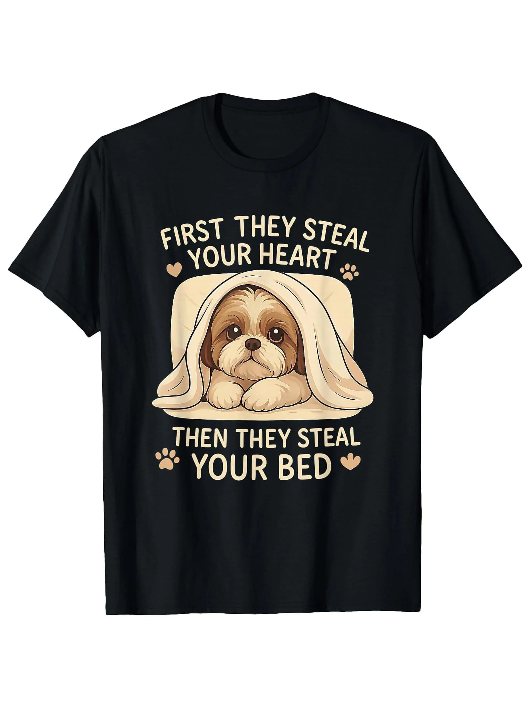 1pc Men's Funny Shih Tzu T-Shirt - "First They Steal Your Heart Then Your Bed" Saying with Cute Puppy in Towels, Soft Breathable Black Tee for Dog Lovers, Machine Washable Casual Shirt Gift for Pet Owners, Dog Tshirt, Humorous Apparel, Playful Design