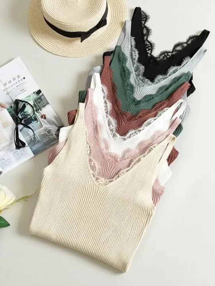 2026 Solid Stitching V-neck Camis Women Hook Flower Lace Tank Female Knitted Short Slim Sleeveless Shirt Tank Casual Tops