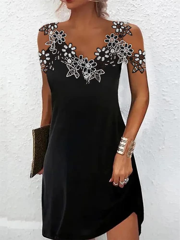 Abito estivo nero di lusso da donna con scollo a V a fiori, mini abito da donna, abito da festa di compleanno