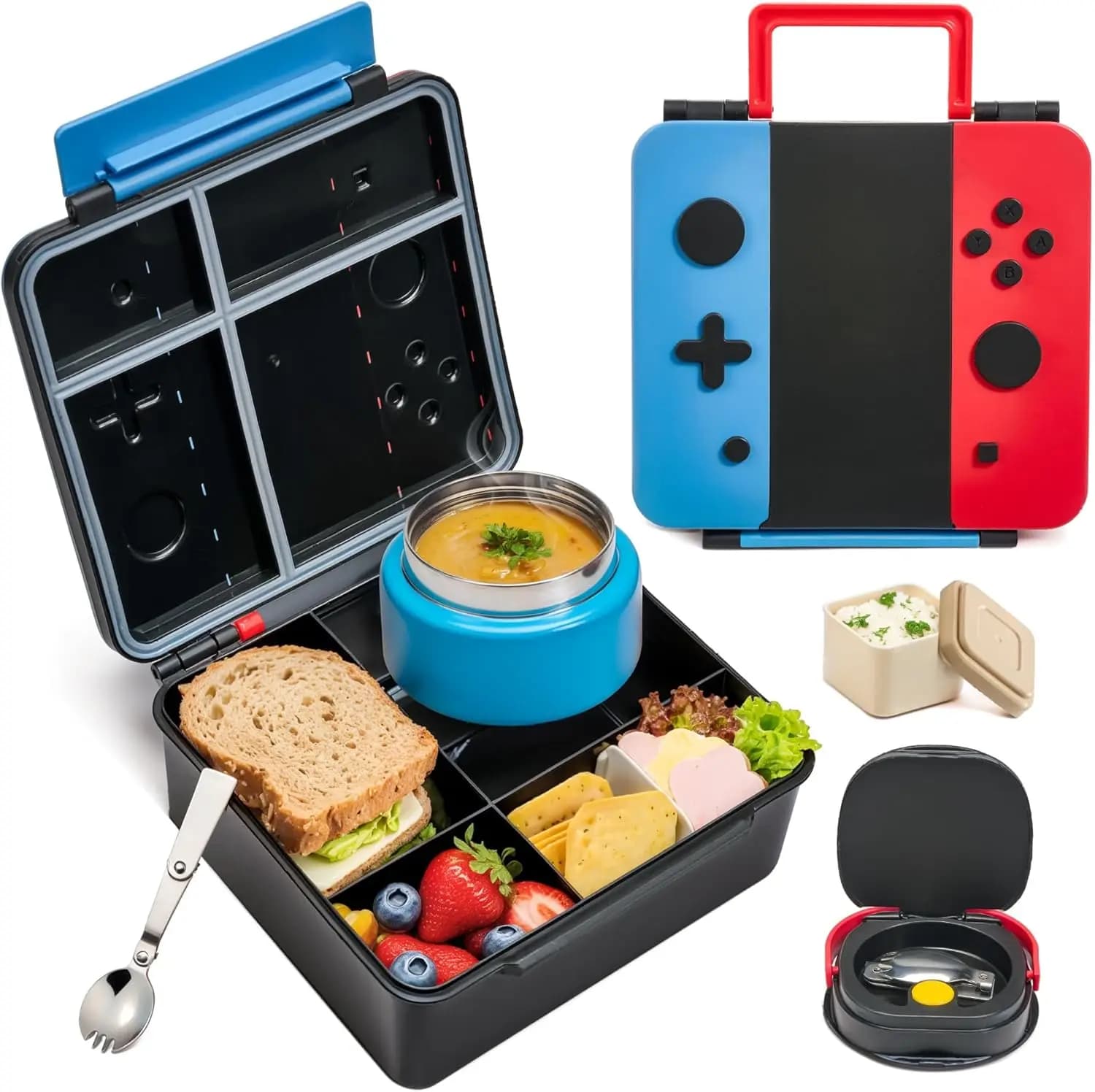 Portapranzo Bento da gioco per bambini con barattolo termico, cucchiaio pieghevole, divisorio e tazza per salsa, blu-rosso realistico senza BPA per i viaggi scolastici