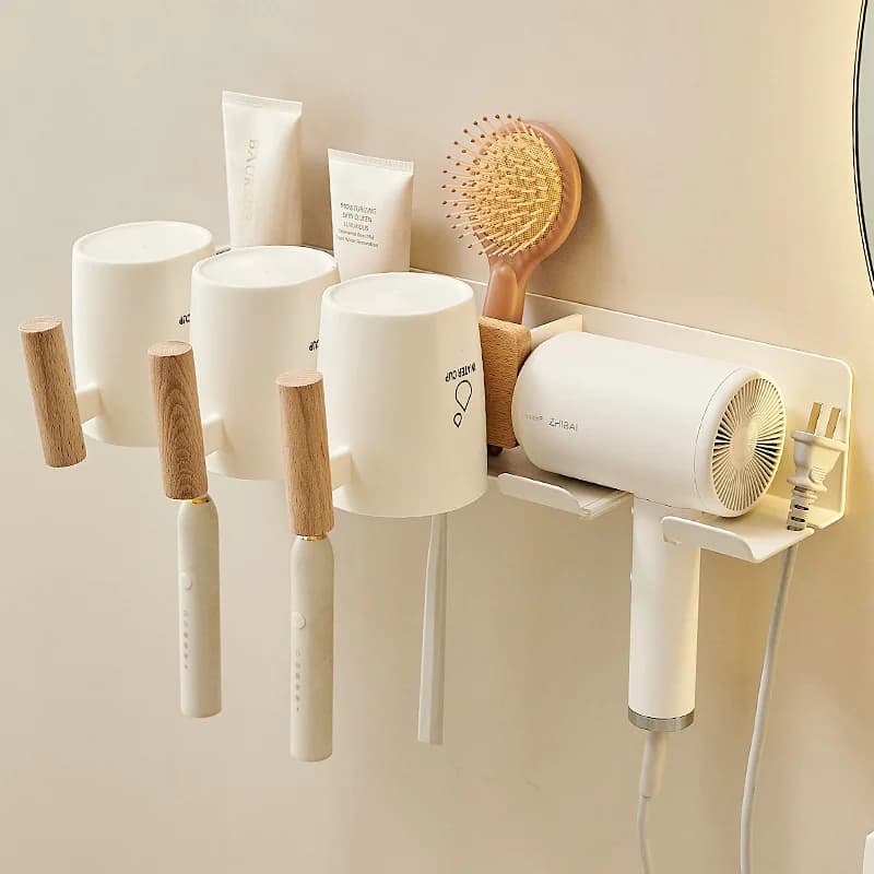 ‌ Porta asciugacapelli in legno: organizer da bagno senza trapano, supporto per asciugacapelli a parete, porta accessori per capelli, portaoggetti per articoli da toeletta