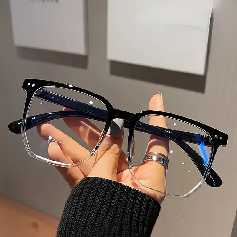 Black‑and‑Clear Half‑Transparent Brow‑Line Eyeglass Frame, Square‑Shaped TR90 Anti‑Blue‑Light Glasses Frame with Rivet Decoration, Ultra‑Light Prescription‑Ready Spectacle Frame for Men and Women