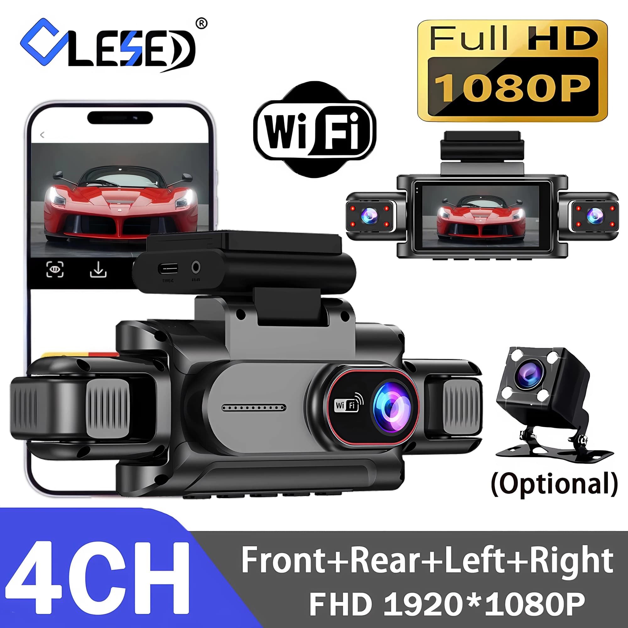 Dash Cam to 4 Channels with Wifi Full HD1080P, DVR for Cars with 4 Cameras, Video Recorder with Super Night Vision, Black Box for Cabin with 4 Objectives