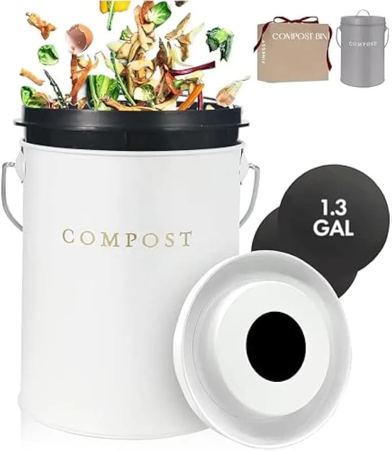 Contenitore per compost da cucina bianco inodore da 1,3 galloni con coperchio e filtri al carbone per rifiuti alimentari da appoggio