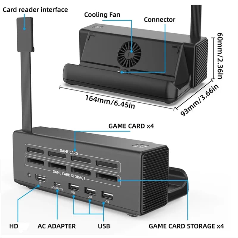 CEA Per Nintendo Switch/OLED TV Docking Station USB-C Archiviazione di carte da gioco con USB2.0X2 + USB3.0 + Ricarica rapida PD + Ventola di raffreddamento