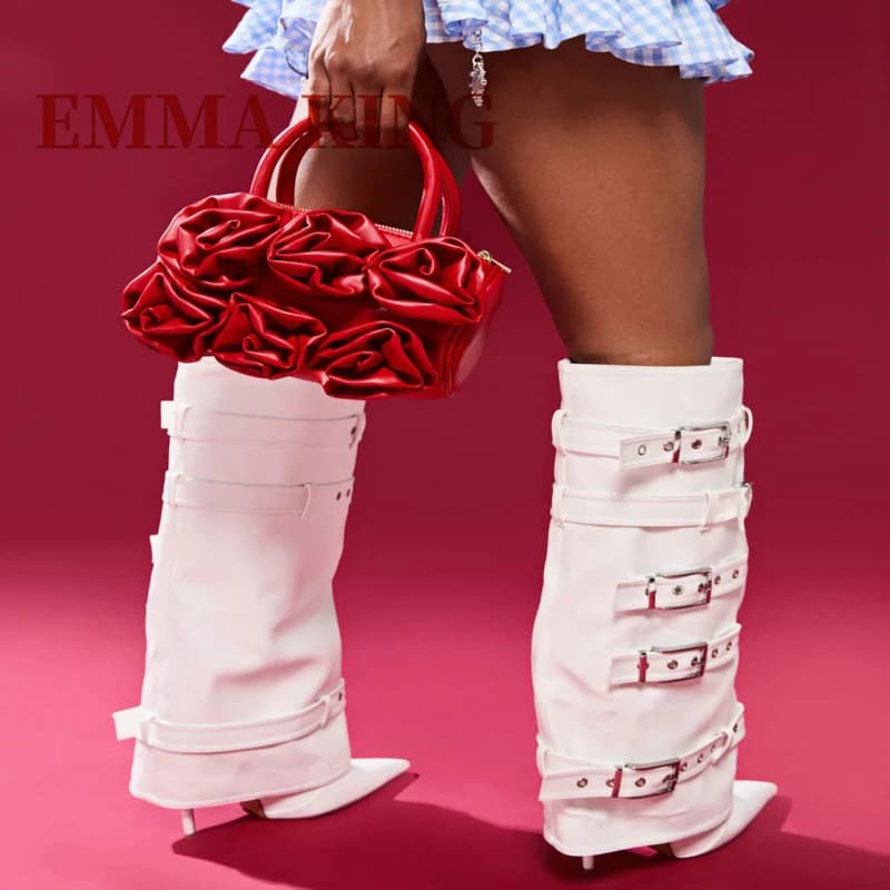 Stivale a spillo con cintura bianca Stivali da cowboy pieghevoli al ginocchio con punta a punta sexy Cinture con fibbia Scarpe pull-on Stivali moderni autunnali