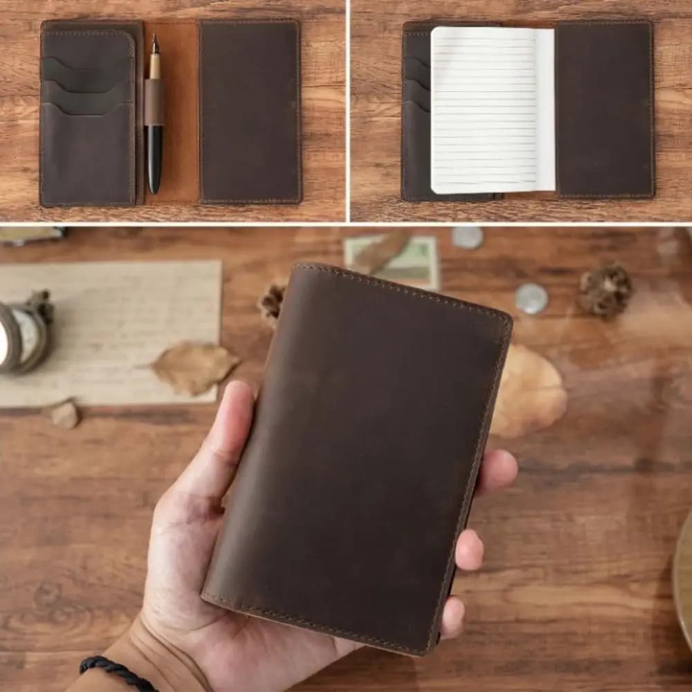 Crazy Horse Leather Genuine Leather Notebook Portable Pen Slot ID Credit Card Holder Ultra Thin Replaceable Core