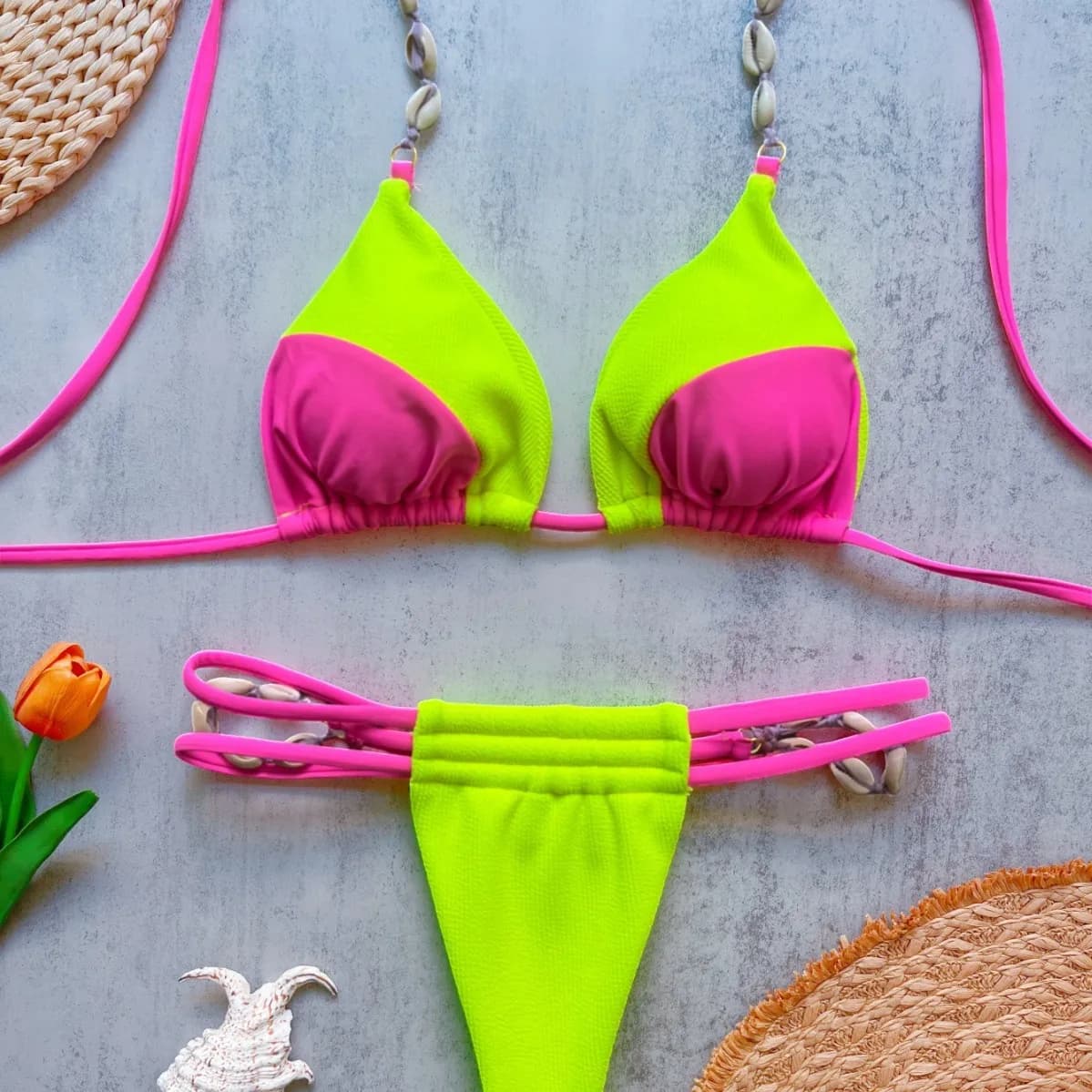 2026 Women 2‑Piece Halter Bikini Set Color Block Shell Bead Decor Multi‑Strap Ruched High‑Cut Beach Bathing Suit Summer Swimwear