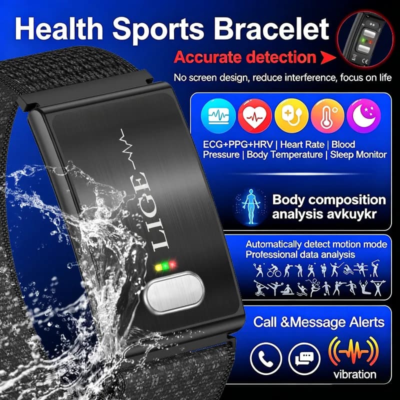 Nuovo Braccialetto Smart per la Salute 2026 con Monitor ECG e HRV, Fitness Tracker Sportivo Impermeabile Senza Schermo, Smartwatch da Polso per Uomo e Donna