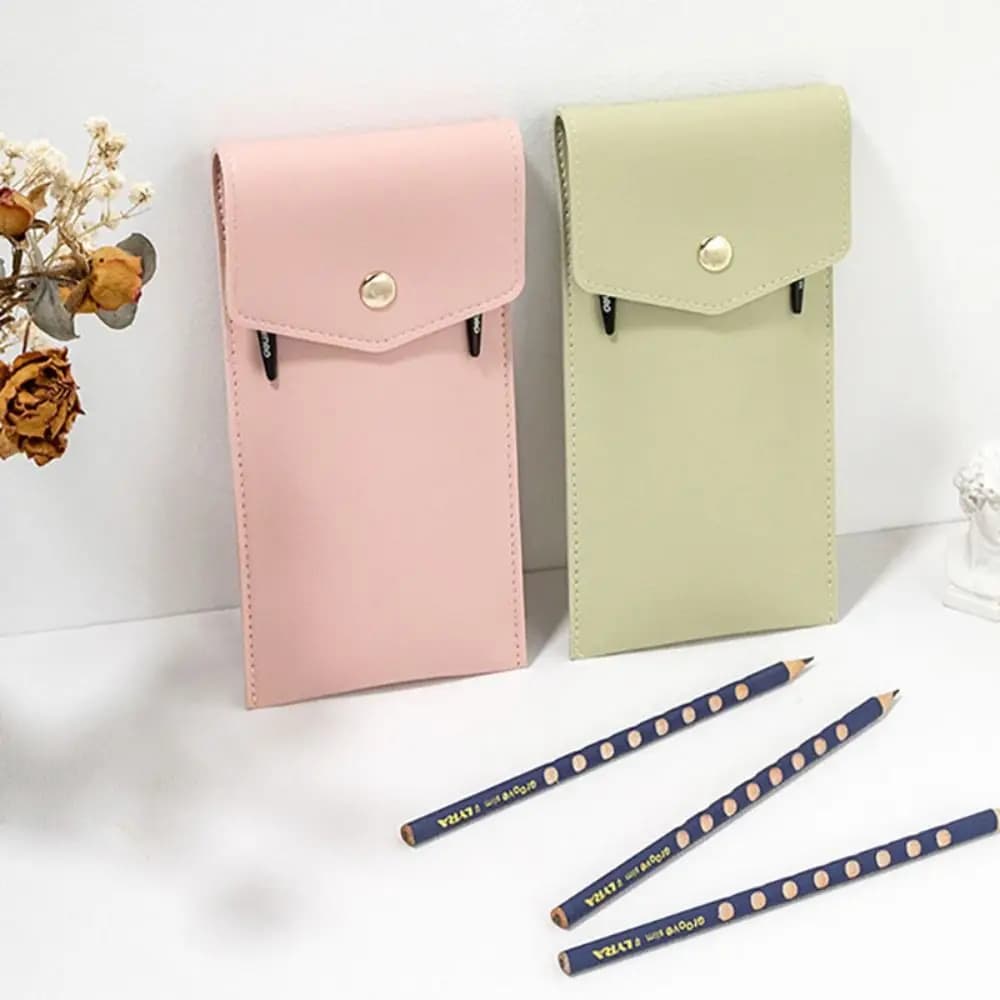 Borsa per penne di grande capacità di alta qualità Custodia per penna con bottone a pressione in pelle PU Portapenne per ufficio scolastico