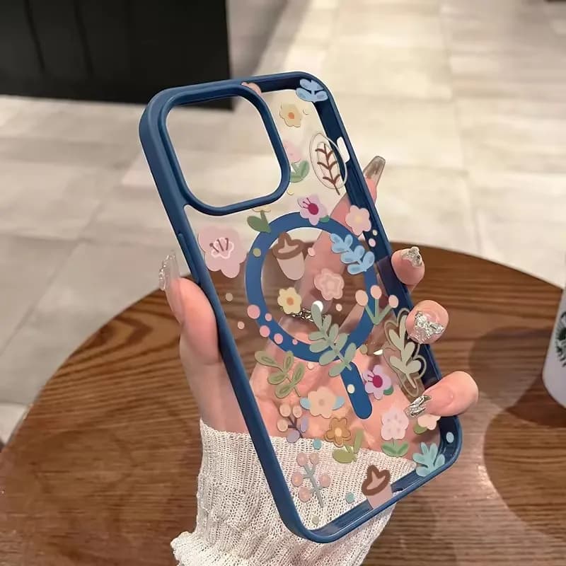 Cover Magnetica Antiscivolo con Motivo Floreale Carino per iPhone 17 16 15 14 13 12 11 Pro Xs Max Plus Mini XR Air X 17e 16e