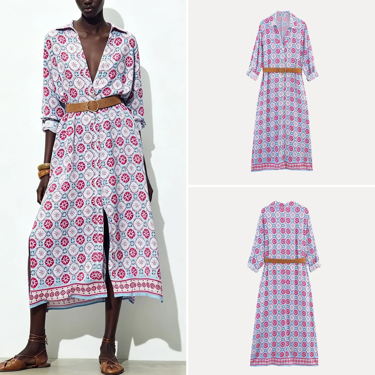 Summer 2026 Women's Midi Dress 109 Casual High Waist Printed Long Sleeve with Belt Casual Style A-Line Skirt V-Neck Single Bu...