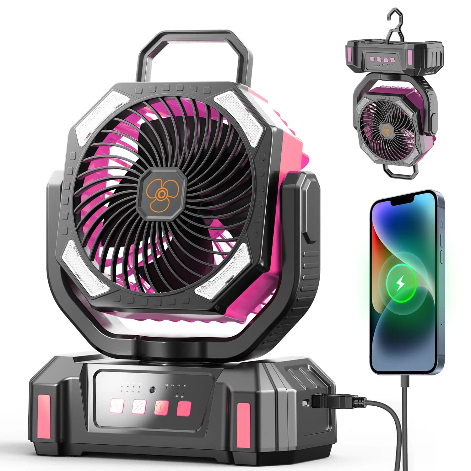 Ventilatore Portatile da Campeggio 20000mAh – Luce LED, Telecomando, Gancio per Appendere, Power Bank USB per Tenda e Esterni