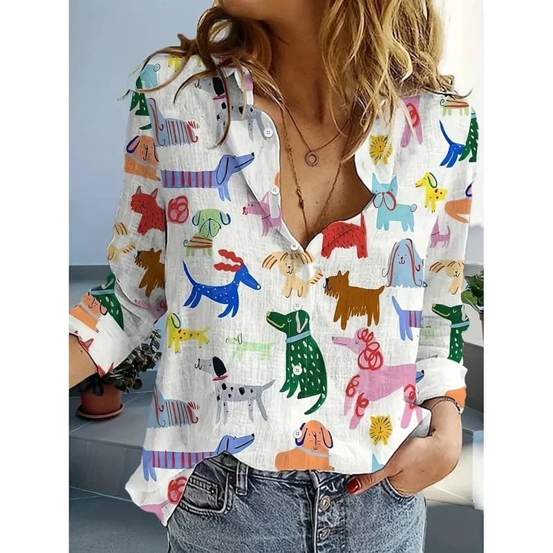 Women's shirts with animal dog print, elegant casual blouses with long-sleeve shirt collar for spring.