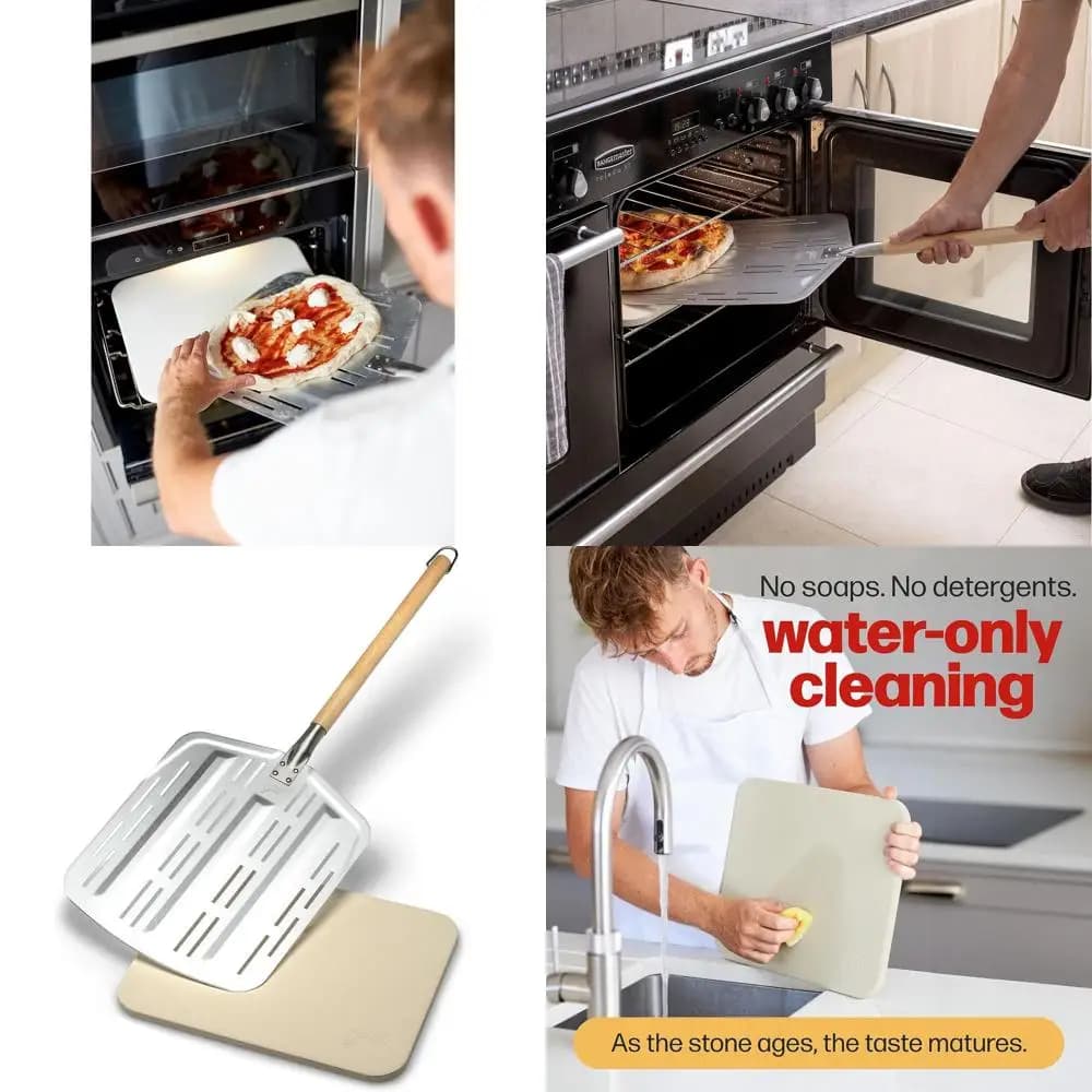 Pietra da Forno Rettangolare per Pizza e Altro - 15x12, Adatta per Forno, Griglia, BBQ, Include Pala per Pizza in Alluminio