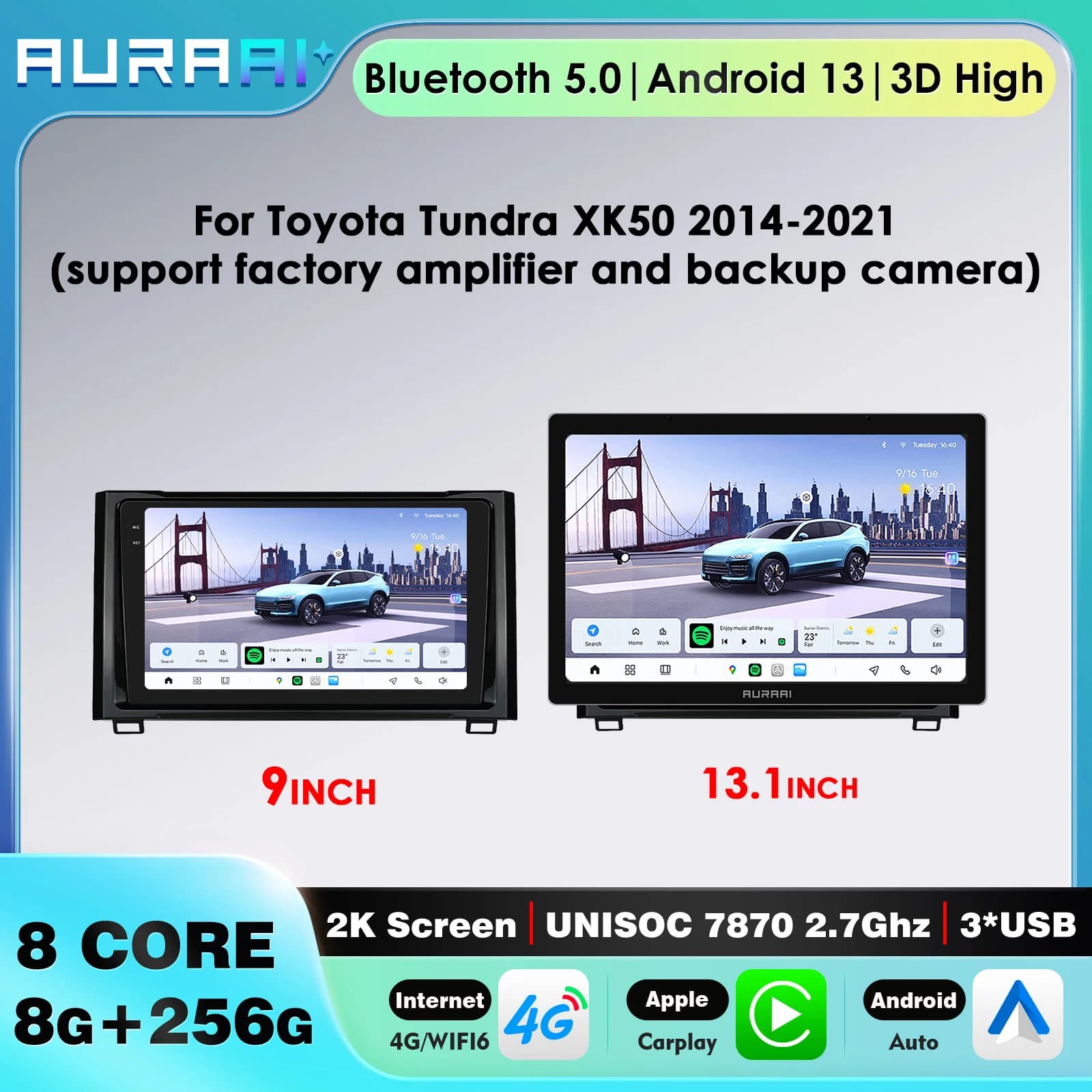 Android Auto GPS per Toyota Tundra XK50 2014-2021 CarPlay Navi, supporto amplificatore di fabbrica e telecamera posteriore, multimedia, SWC, WiFi