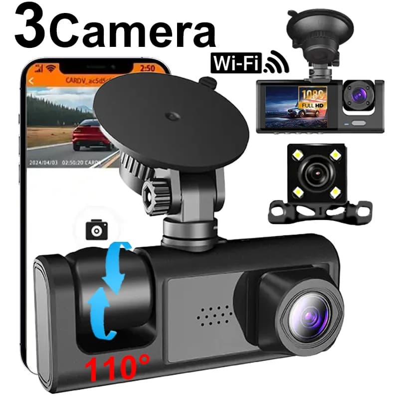 HONG TONG Dash Cam WiFi per Auto a 3 Canali, Telecamera Anteriore, Posteriore e Interna, Tripla Lente, Visione Notturna, Registrazione in Loop, Sensore G, Registratore per Veicoli