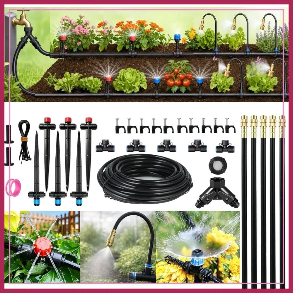 Sistema di irrigazione a goccia da 15 m per giardino, tubo in PE da 1/4 di pollice, kit irrigatore da 11 pezzi, nebulizzazione regolabile, tubo per irrigazione per aiuole rialzate, piante, serra