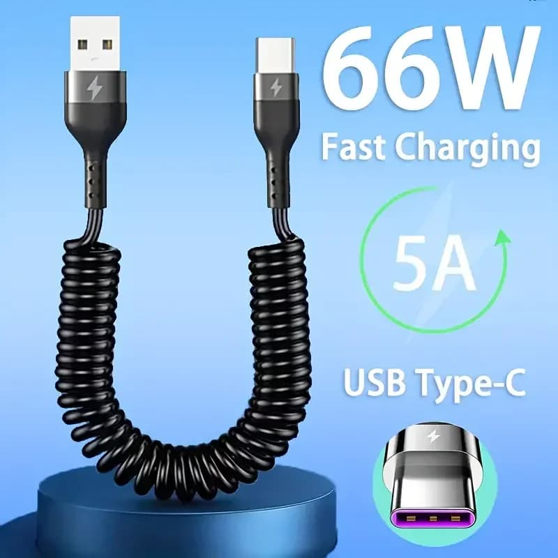Cavo Dati Telescopico a Molla 5A 66W USB a Type-C/Doppio Type-C per Ricarica Rapida Auto 1M 1.8M 2M per Xiaomi17 iPhone17