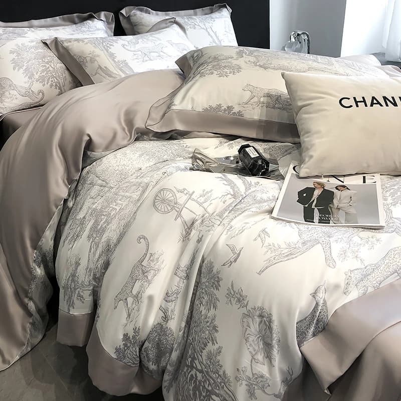 Soft silky delicate on the skin Natural eucalyptus fiber Lyocell Queen Bed linen Set Forest plants Copripiumino Bed linen