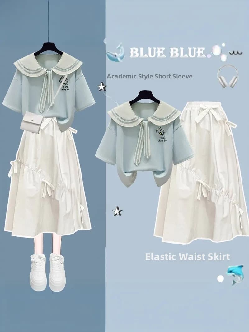 Completo Estivo con Colletto a Bambola e Maniche Corte per Ragazze delle Scuole Medie, Set Due Pezzi in Cotone, Abbigliamento Giovanile