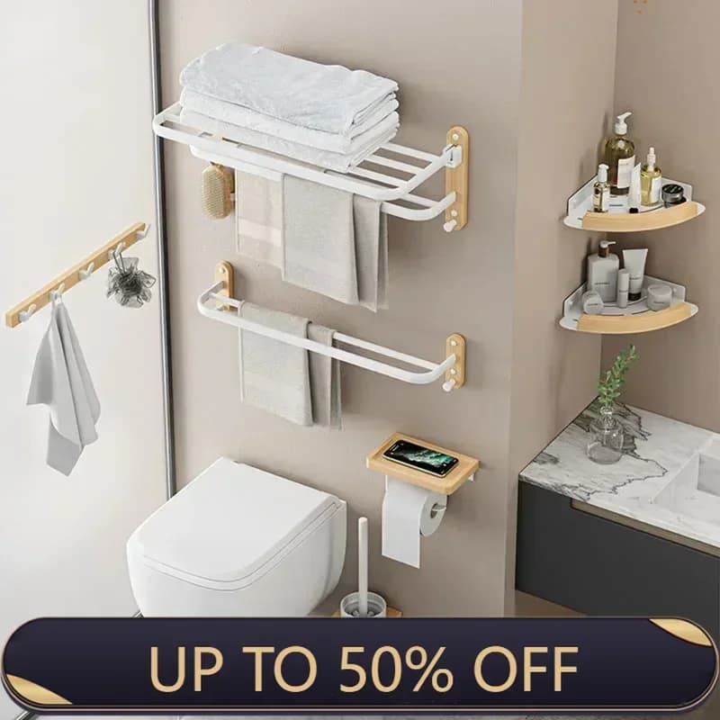 Bathroom Pendant Towel Holder Shower Rack Solid Wood Bathroom Shelf Shampoo Shower Gel Corner Holder Towel Bar Mobile Phone Rack