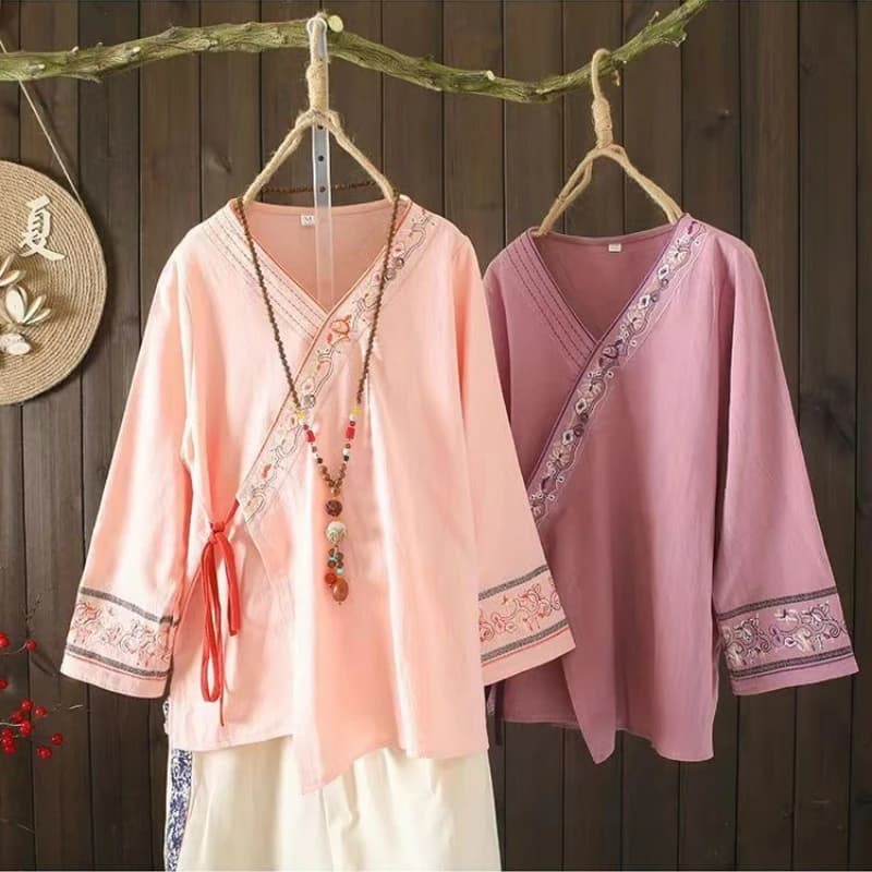 Nuova Camicetta Tradizionale Cinese Primaverile, Costume Femminile Stile Tang, Top Vintage a Maniche Lunghe con Lacci e Ricami per Donne, Camicetta Hanfu