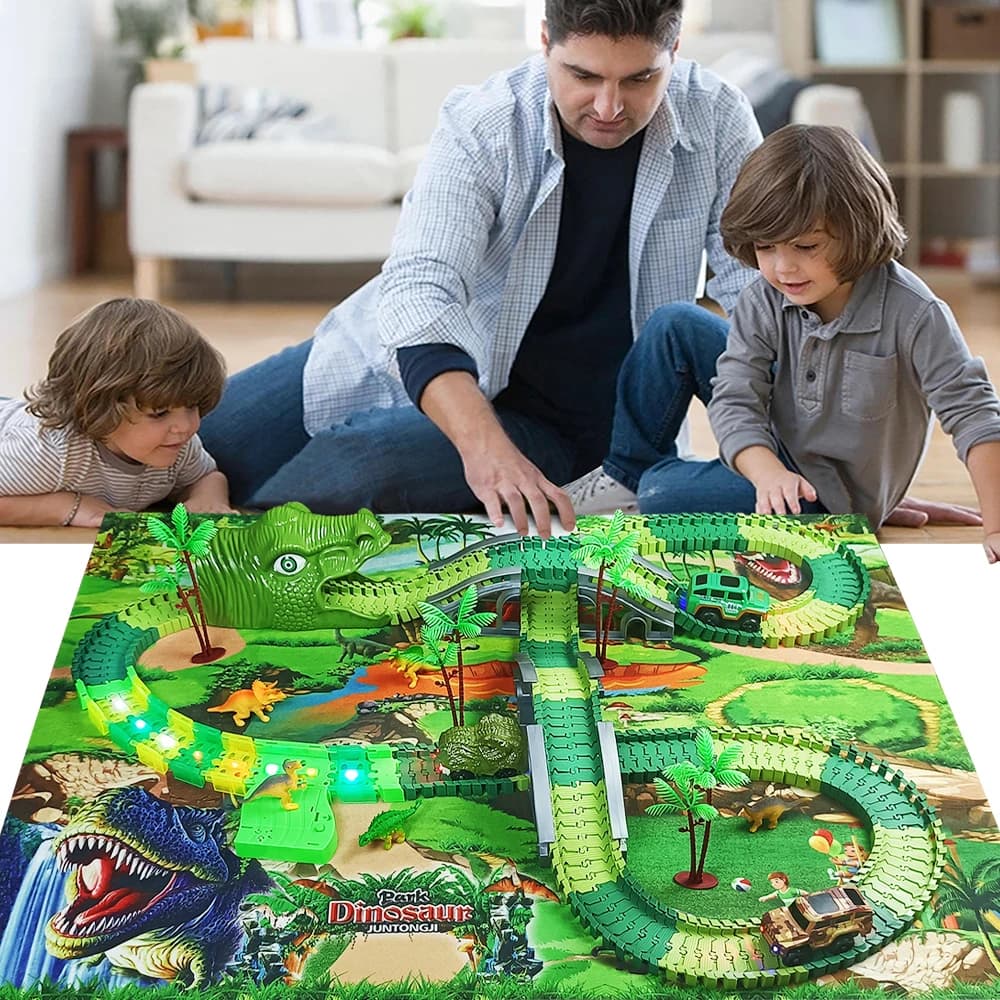 Dinosaur Railway Toy Car Kids Track Racing Track Toys Set Bend flessibile Race Track Flash Light Car giocattoli educativi per bambini Gif