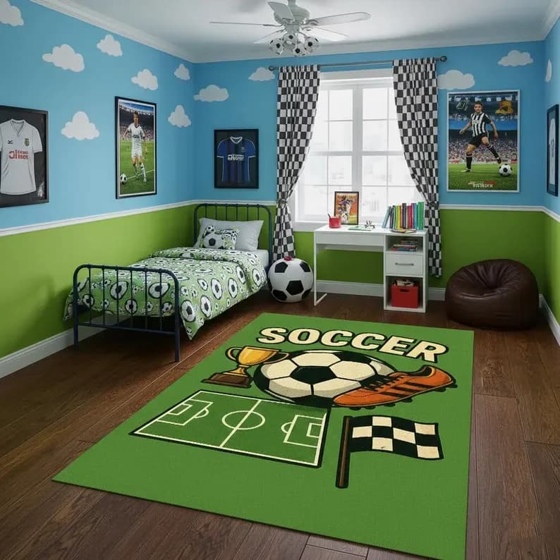 Tappeto per Tifosi di Calcio, Ispirato al Calcio, per Sale Giochi, Soggiorno, Tappetino Antiscivolo, Decorazione per la Casa