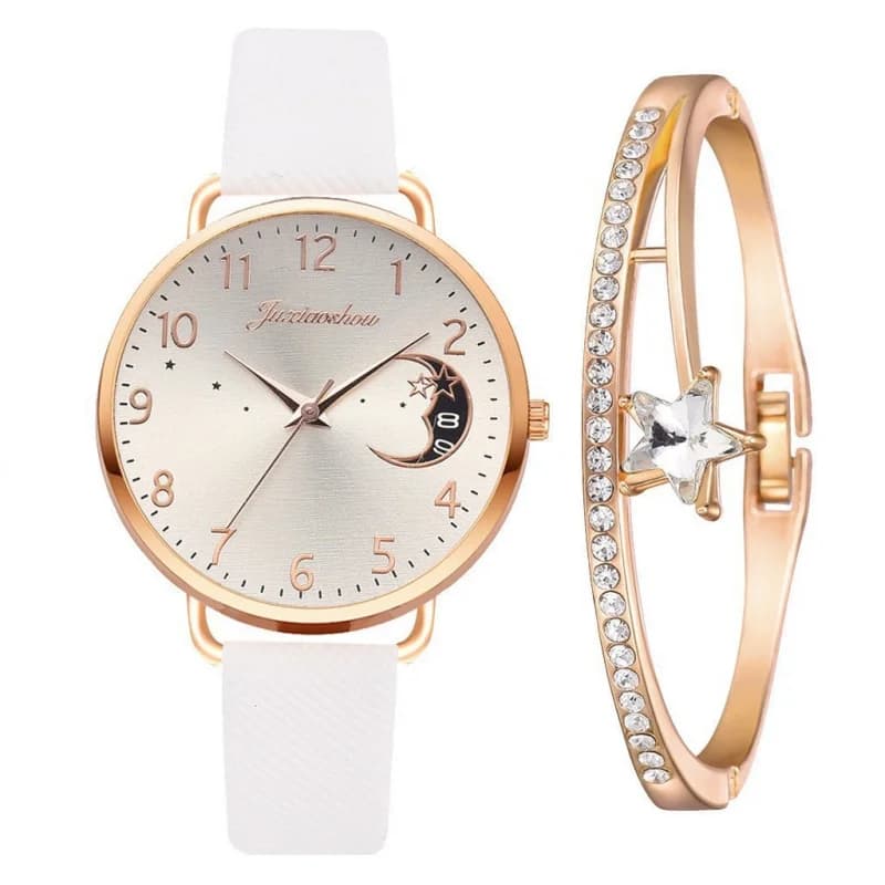 Women Quartz Watch Set Creative Moon Calendar Dial PU Band Personalized Casual Watches Female Watchwrist Girl Gifts