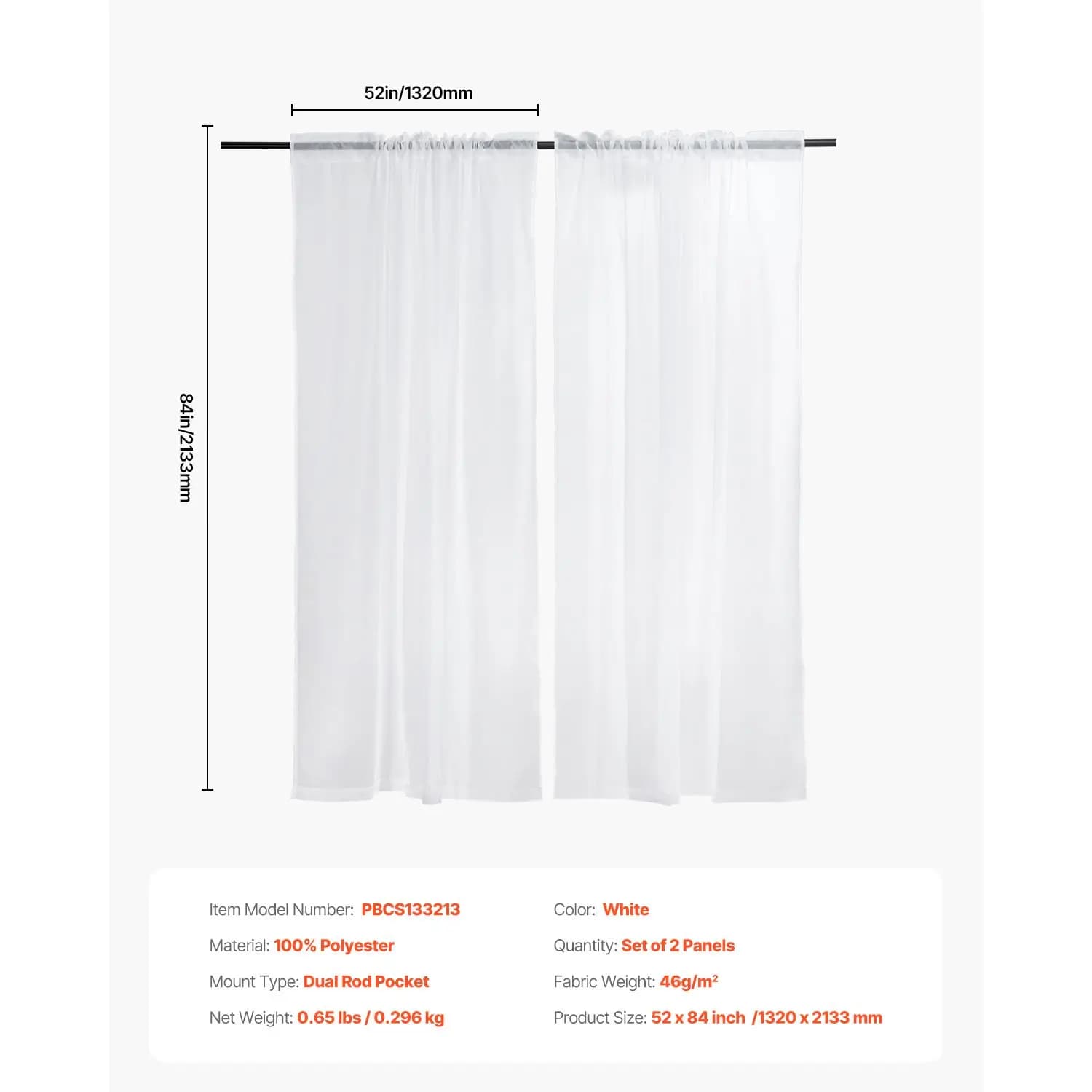 Sheer Curtains, 84 inches Long, 2 Panels Set Sheer White Curtains, Each 52" W x 84" L, Dual Rod Pocket Installation, 100% Polyester Window Drapes for Bedroom, Living Room, Balcony, Yard