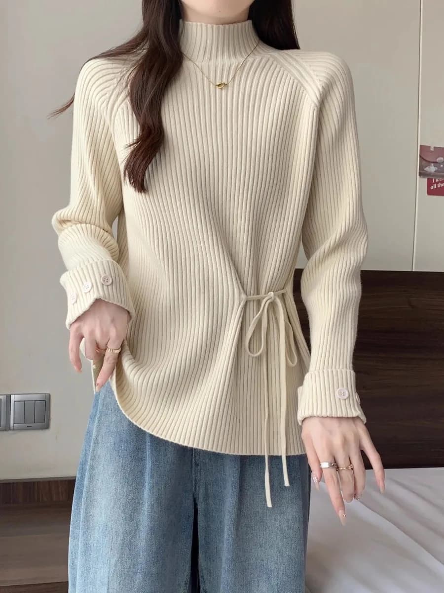 Maglione Lavorato a Maglia alla Moda con Collo Semi-Alto, Pullover con Cintura, Design Minimalista Ampio e Snellente, Primavera Autunno, Premium da Donna
