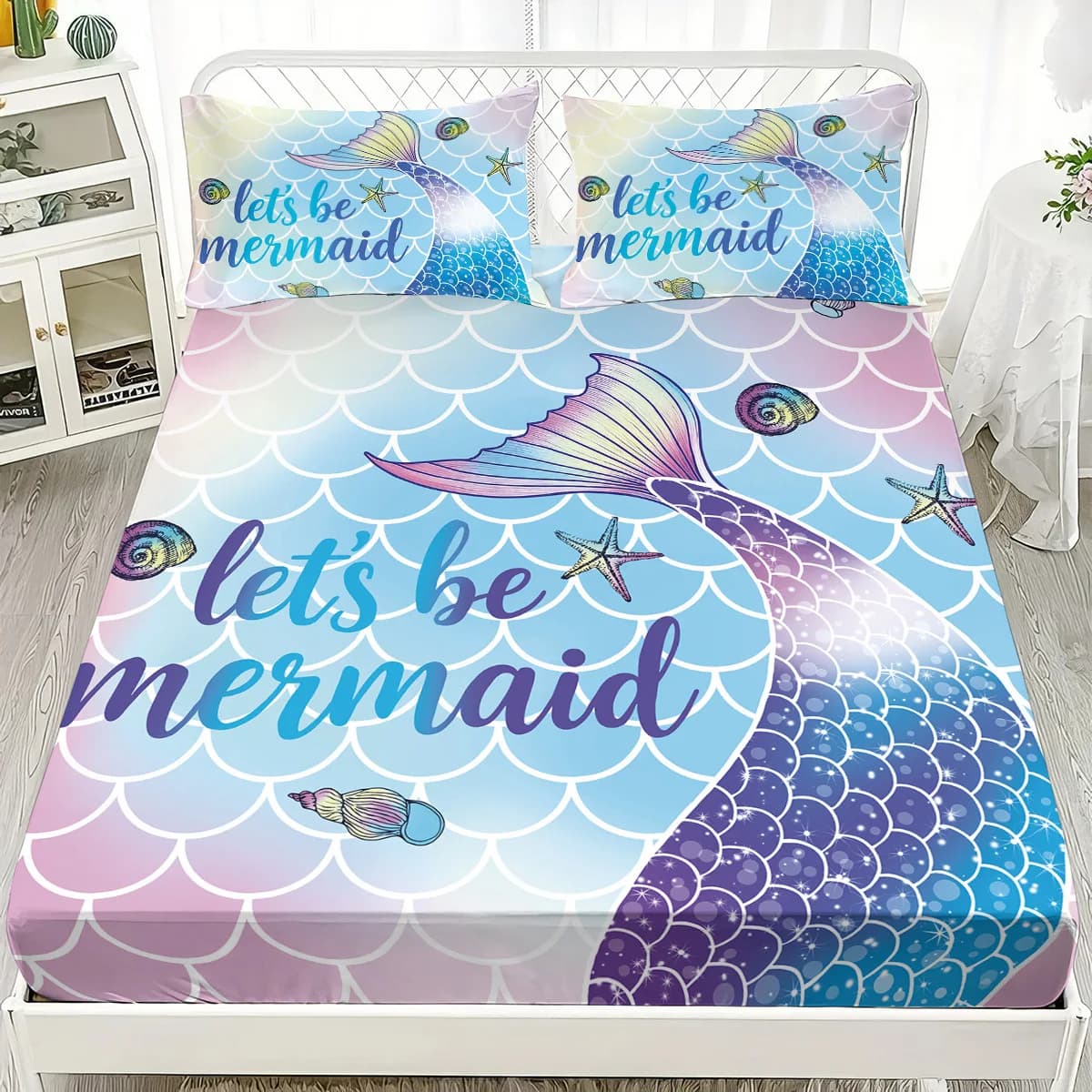 Cartoon Printed Mermaid Fitted Sheet Little Mermaid Bedding Set,Bed Cover For Teens Girl Single/Double/Queen/King